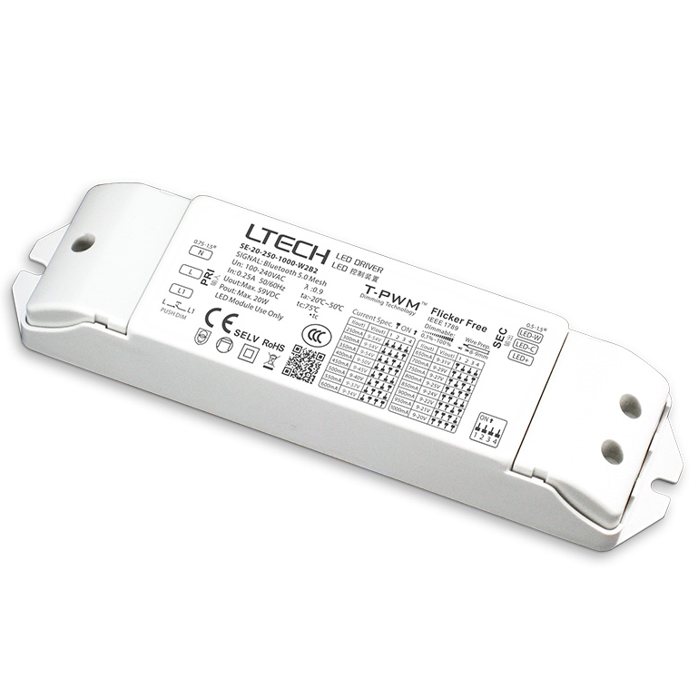 Intelligent Tunable White LED Driver，20W CC Tunable White LED Driver SE-20-250-1000-W2B2
